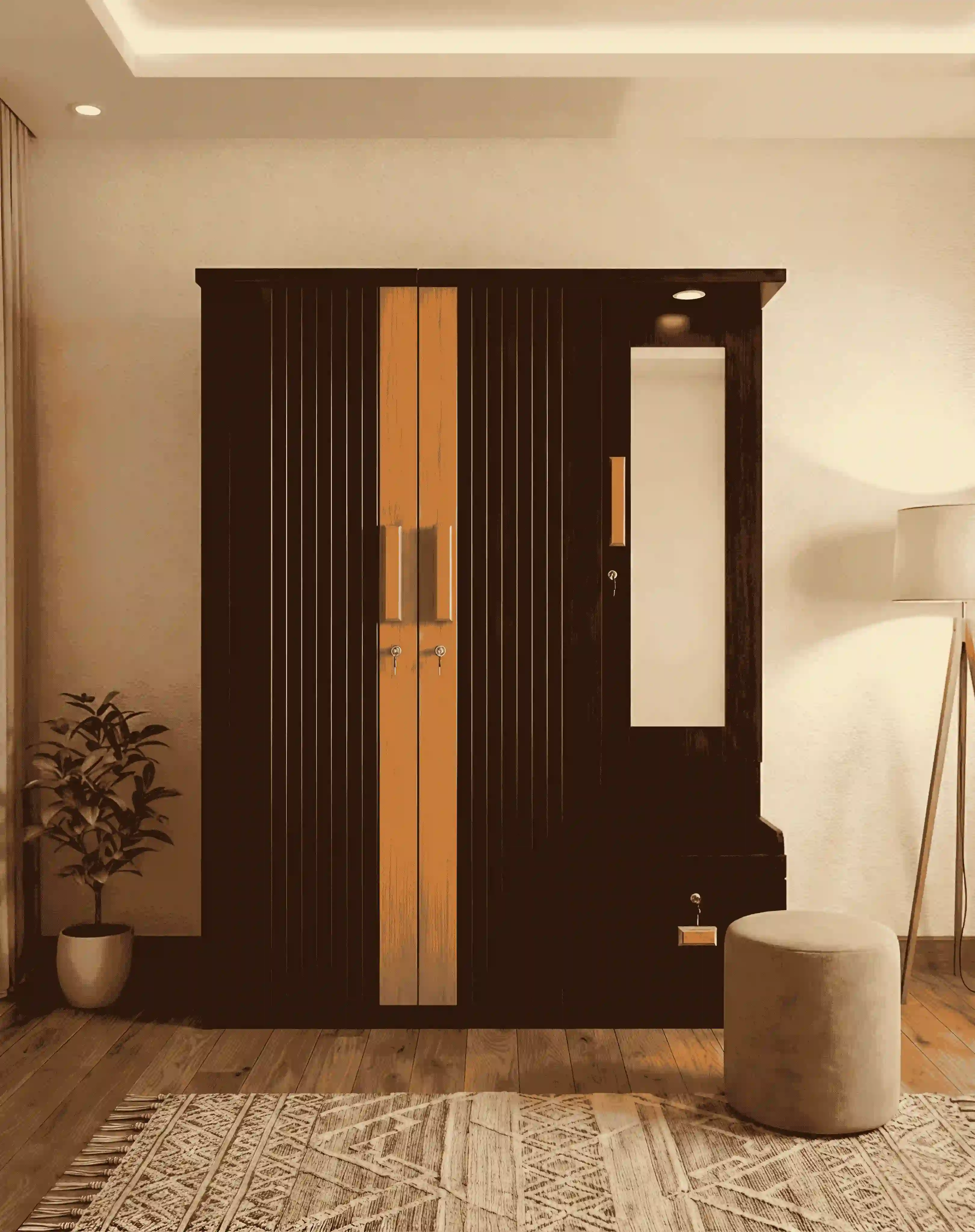 Dual-Tone Teak & Walnut Wardrobe with Built-In Vanity Niche