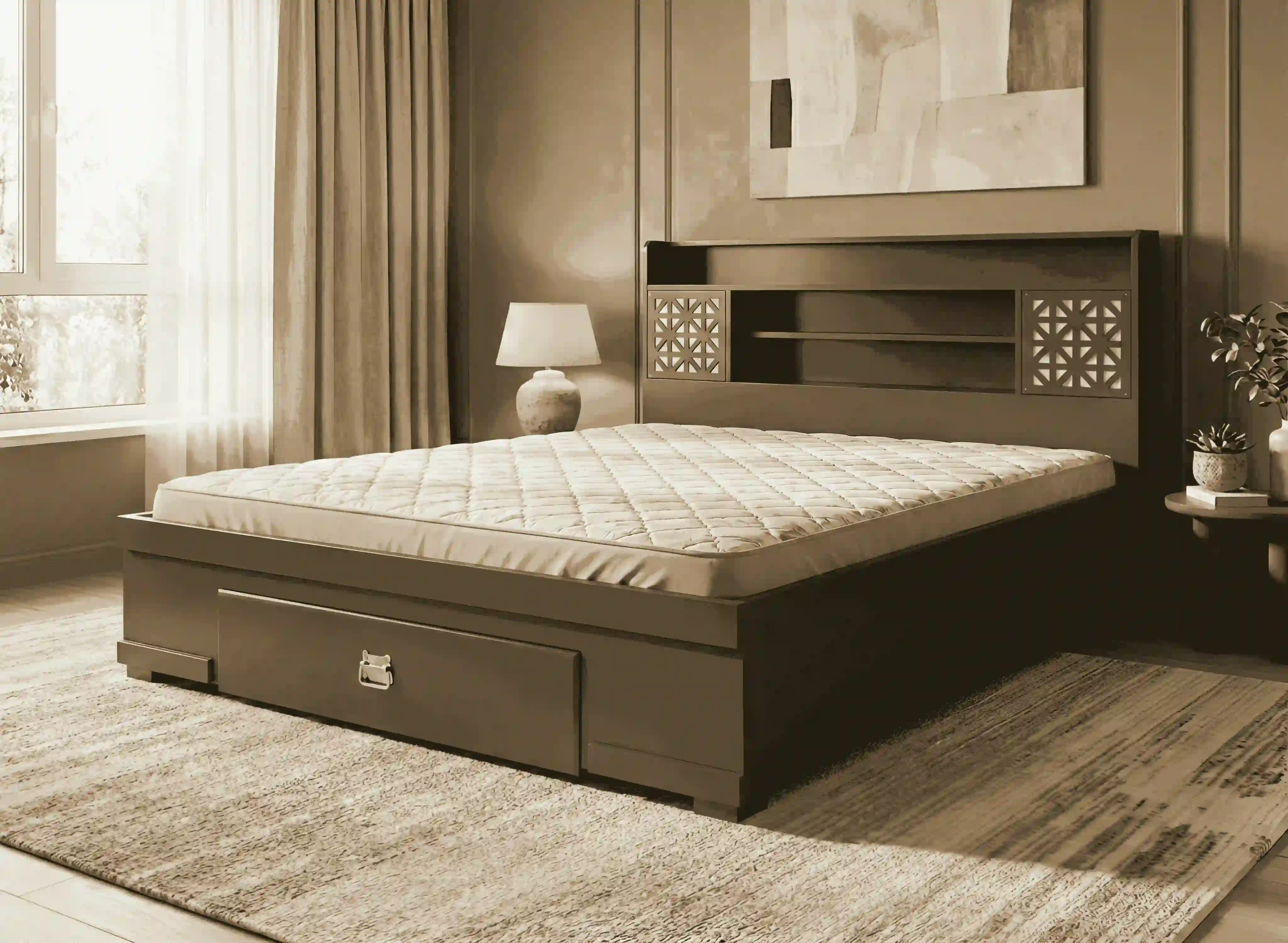 Multifunctional Graphite Bed with Headboard Niches & Storage Drawers