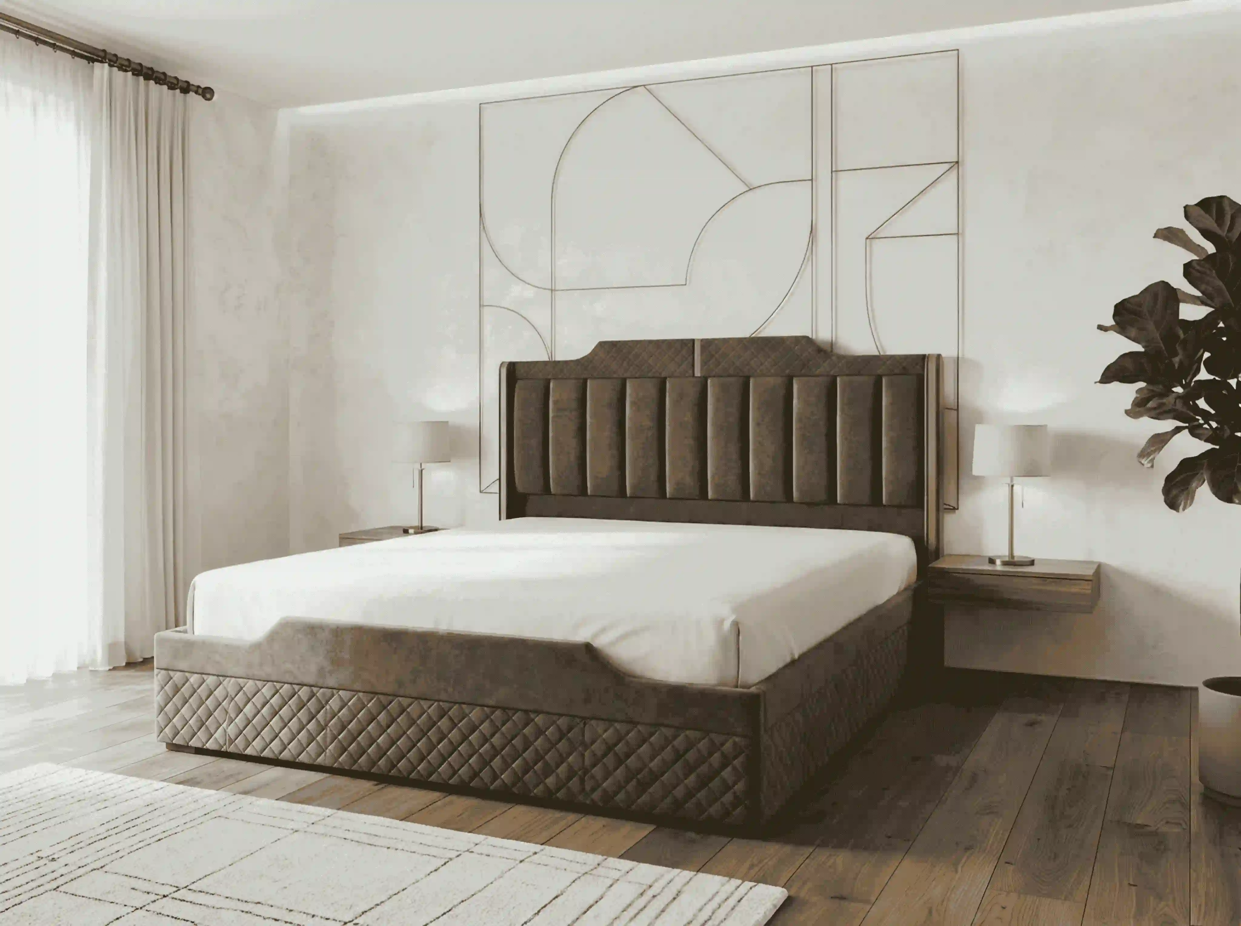 Luxury Architectural Bed Suite with Fluted Acoustic Wall & Floating Nightstands