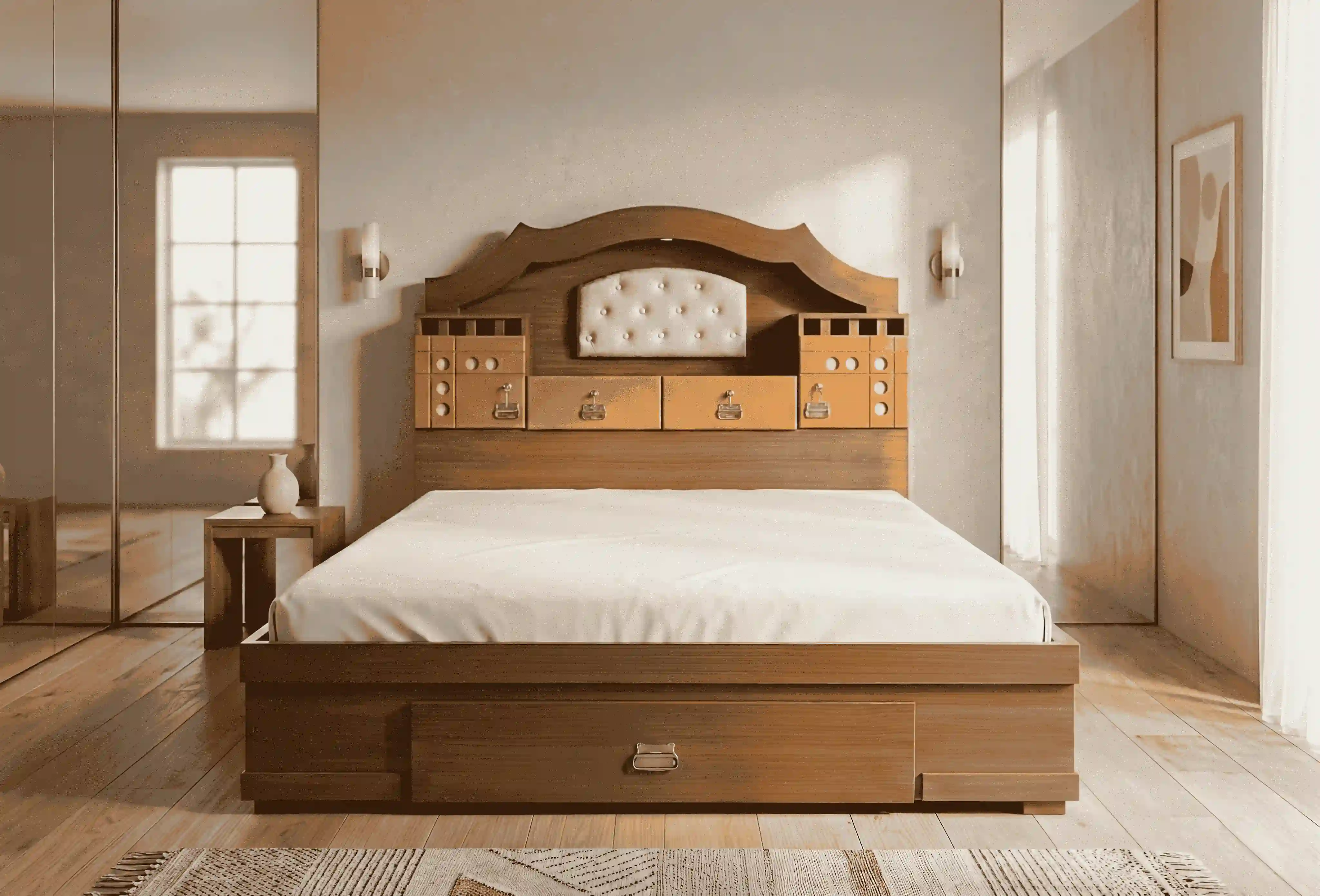 Teak Wood Arched Storage Bed with Hydraulic Lift Mechanism
