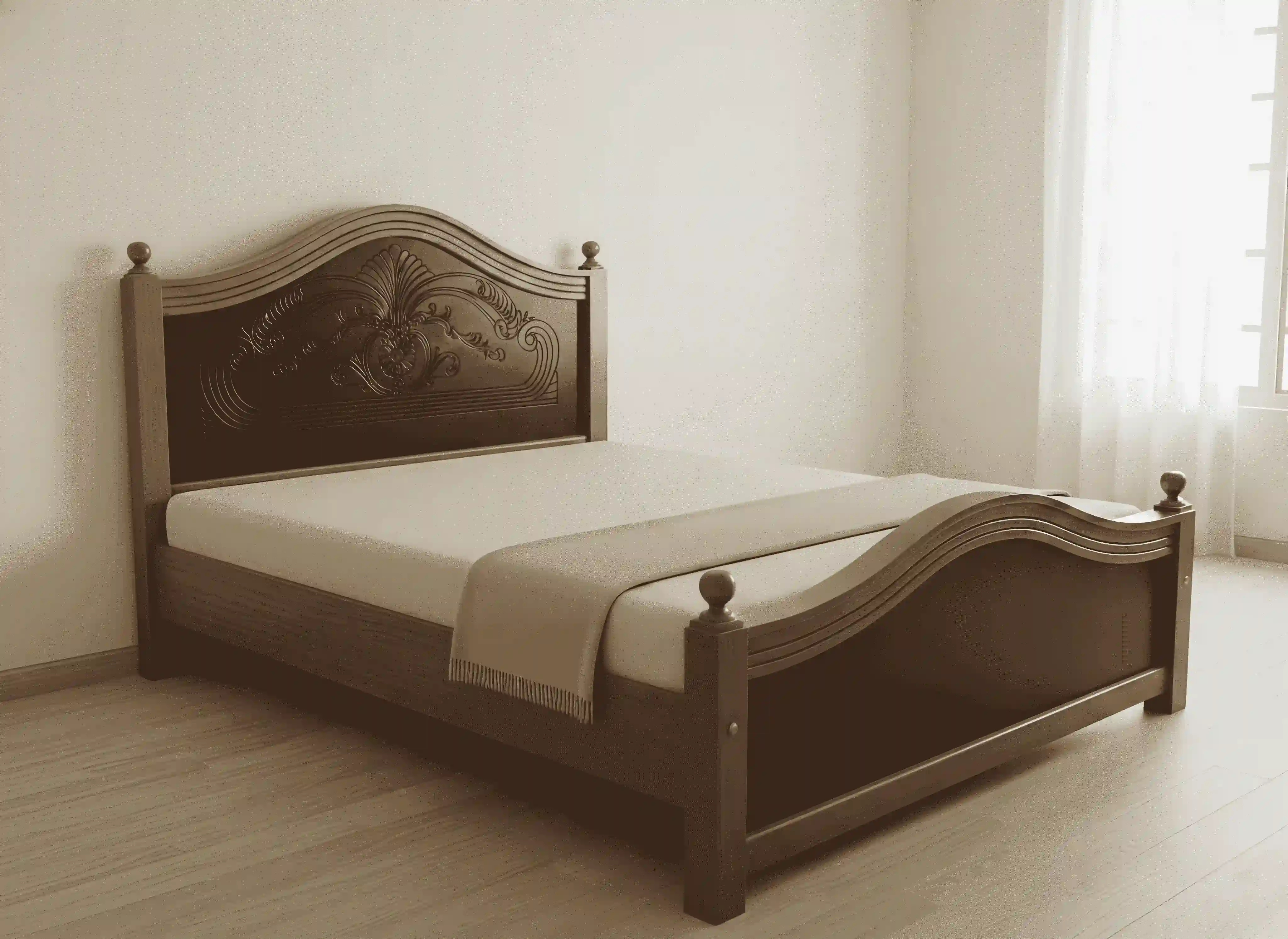 Classic Handcrafted Solid Teak Sleigh Bed with Turned Finials