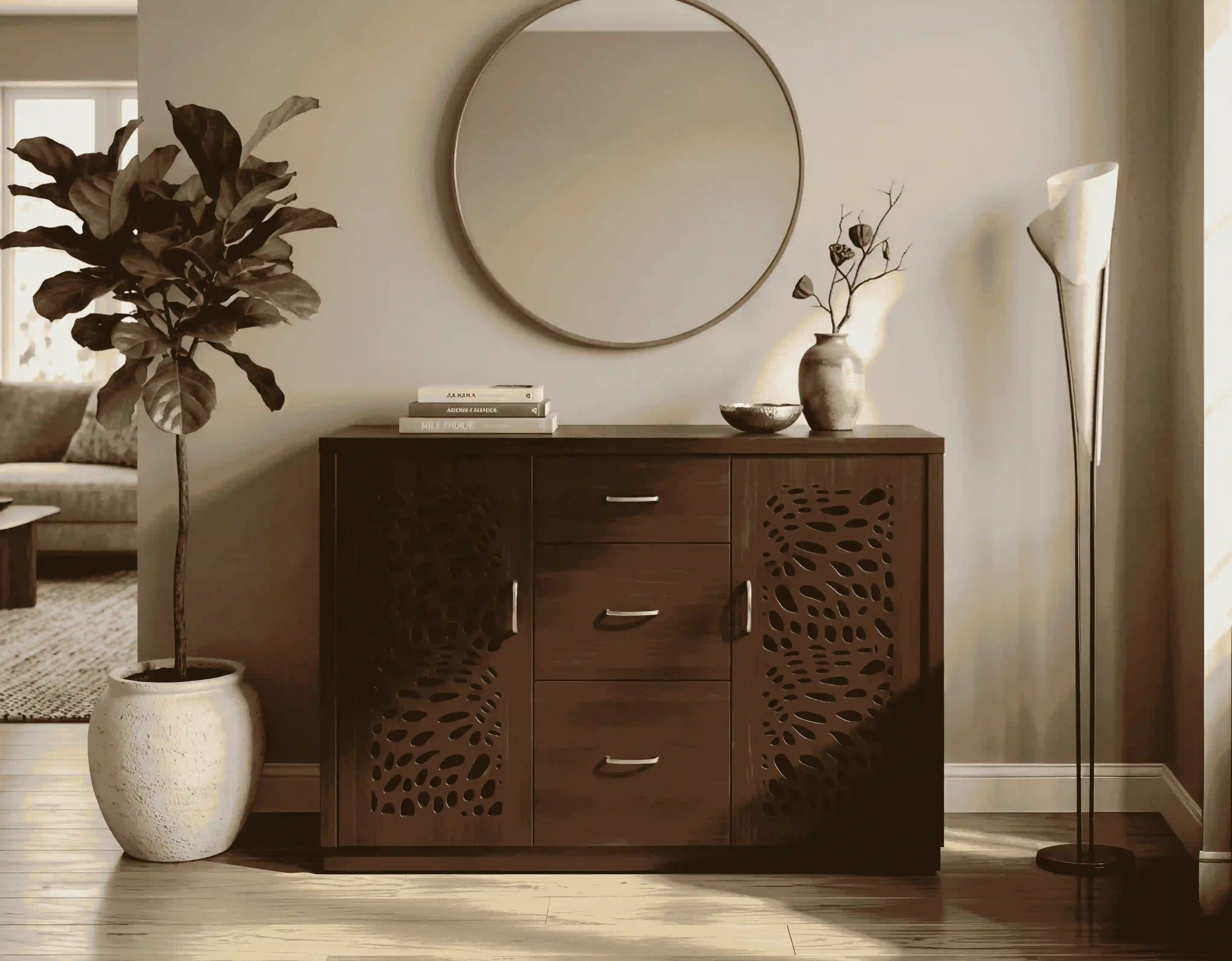 Walnut Sideboard Credenza with Laser-Cut Lattice Accent Doors