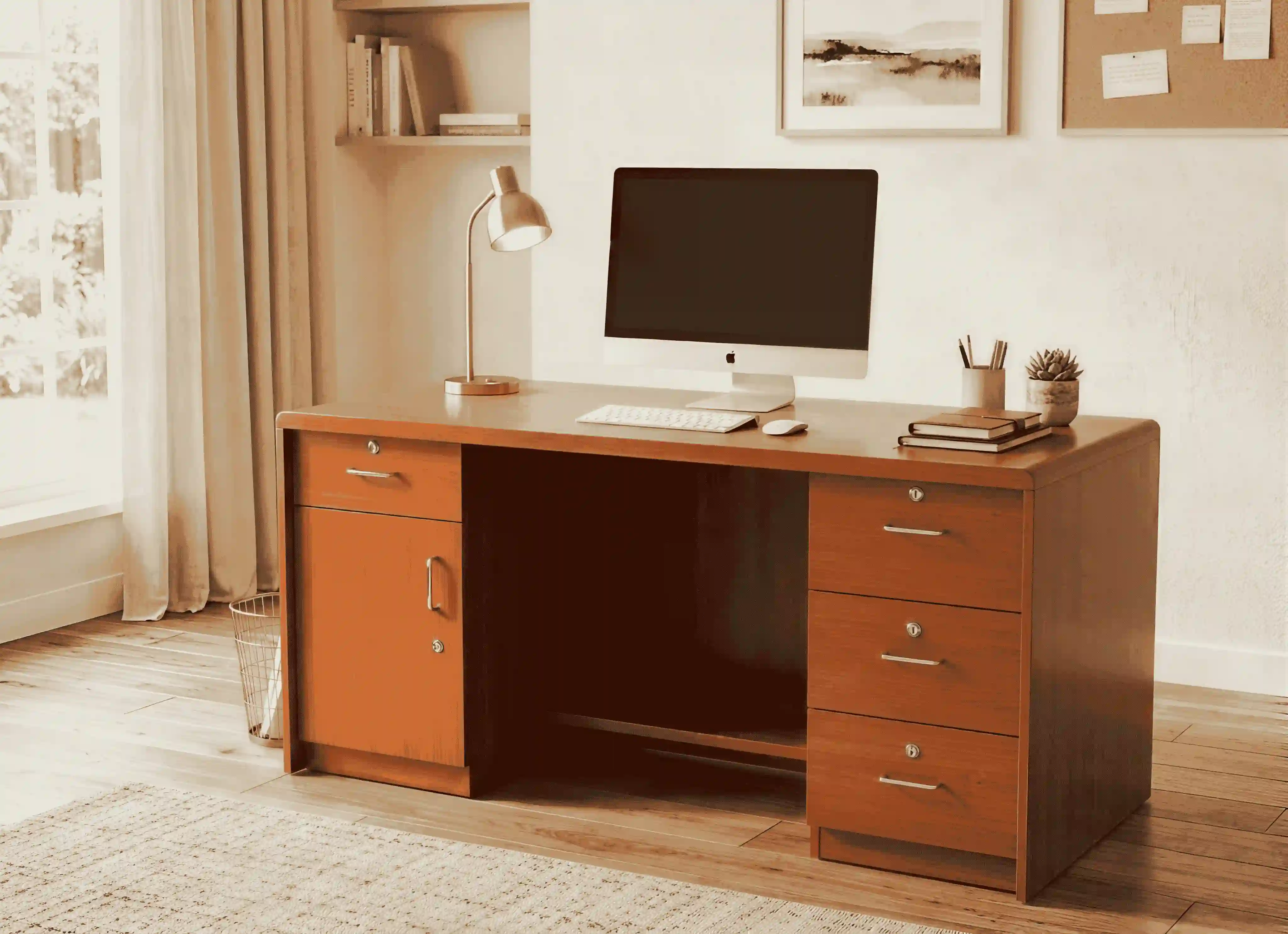 Executive Double-Pedestal Teak Study & Workstation Desk