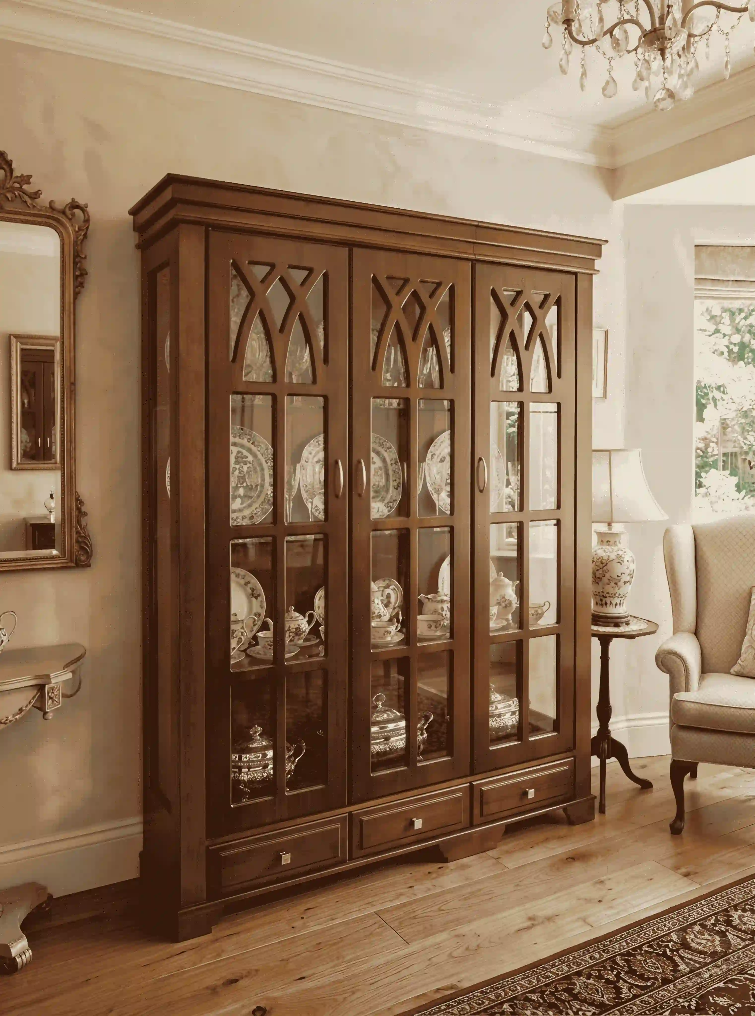 Cathedral 3-Door Solid Wood Crockery & Curio Showcase