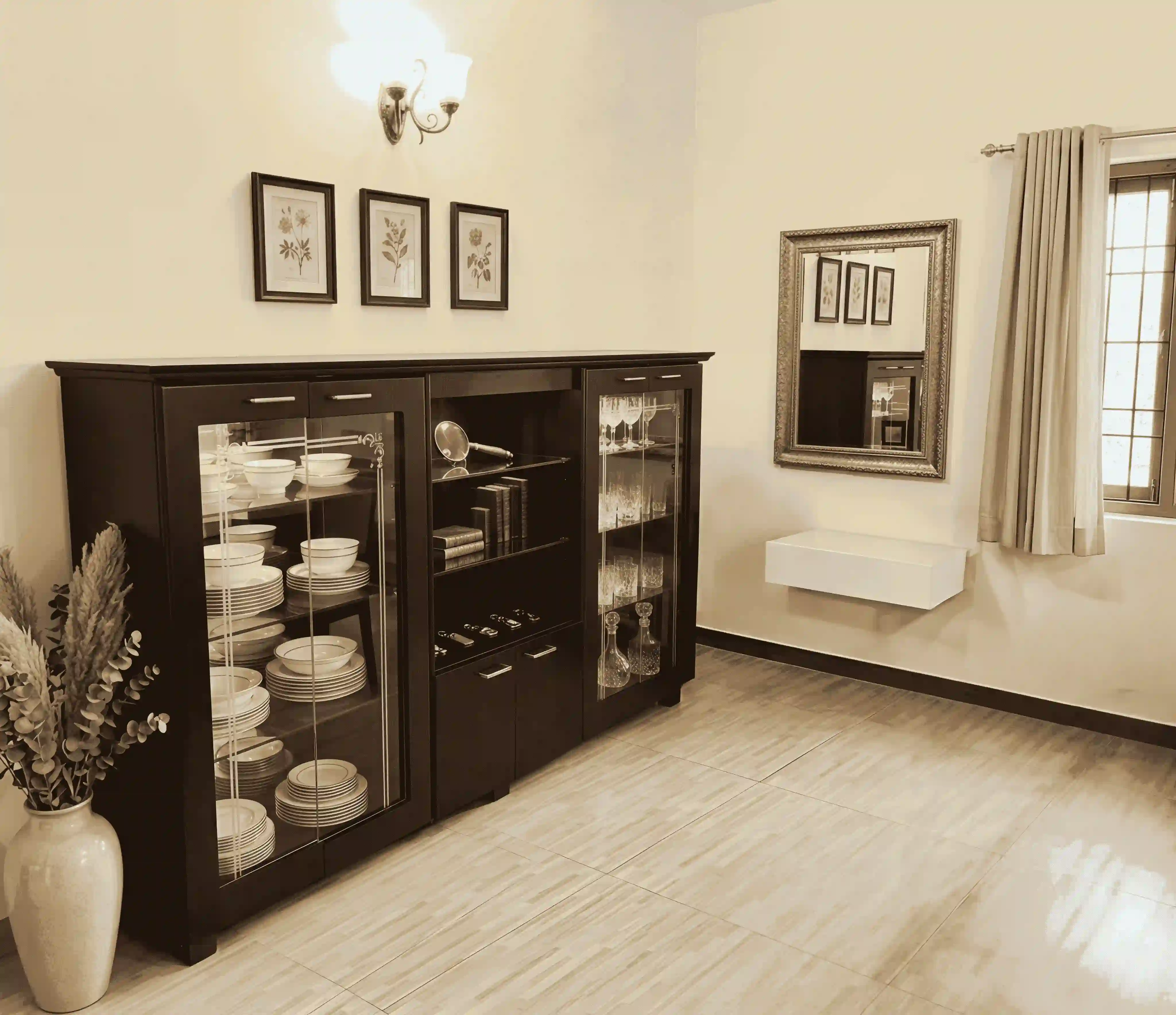 Contemporary Espresso Buffet Bar & Glassware Showcase