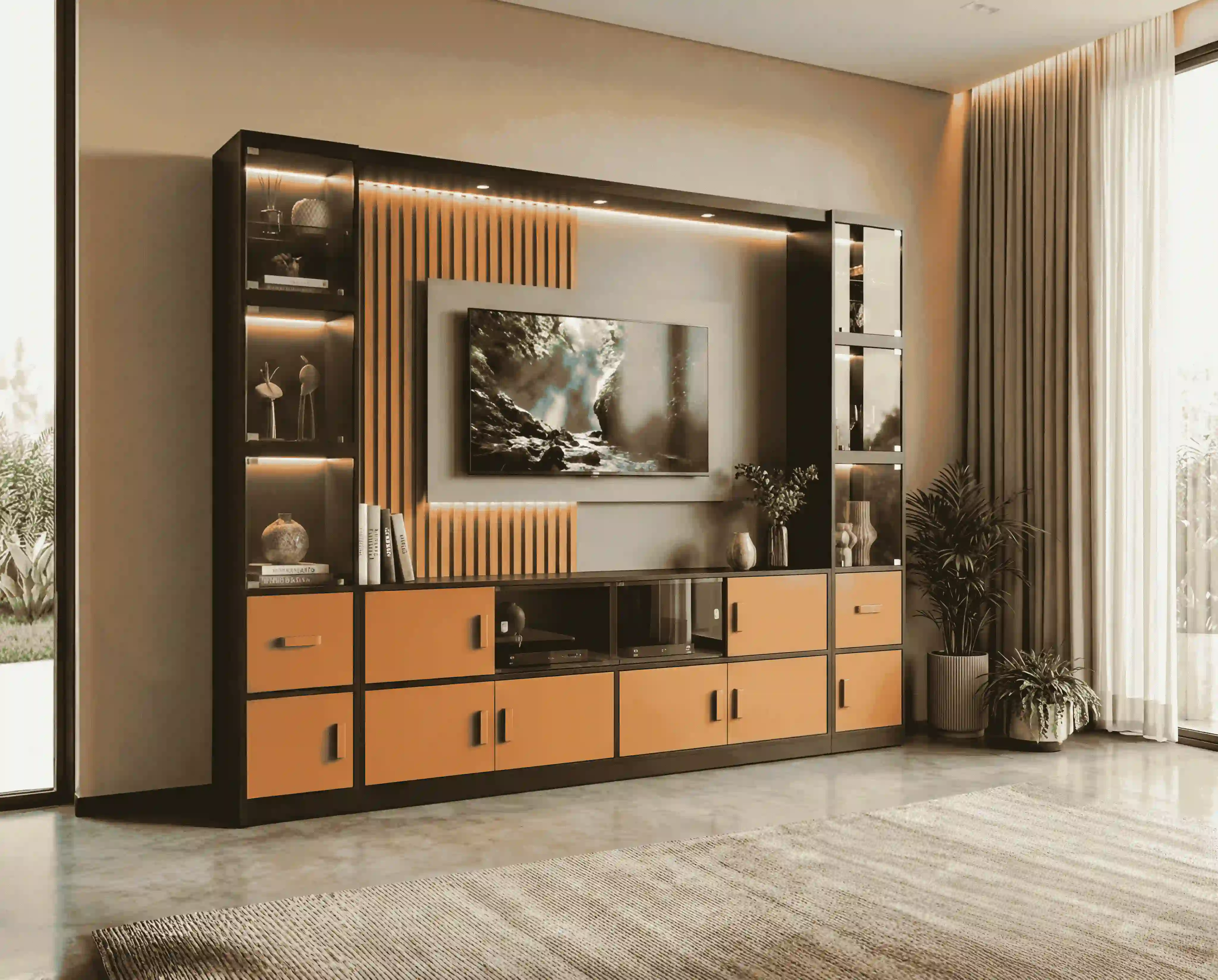 Grand Full-Wall Entertainment Center with Illuminated Curio Glass Towers