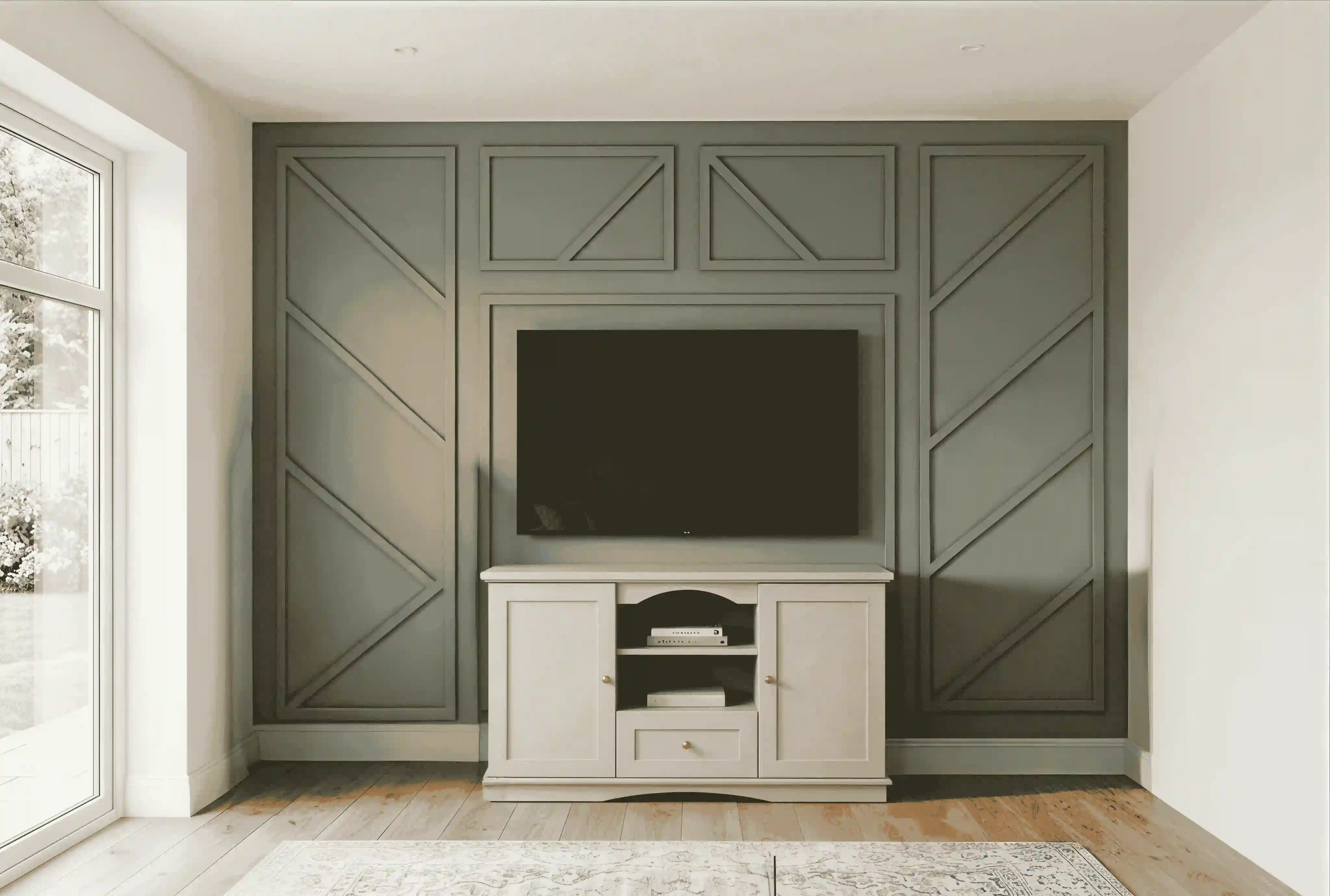 Classic Ivory Entertainment Console with Wainscoting Backboard