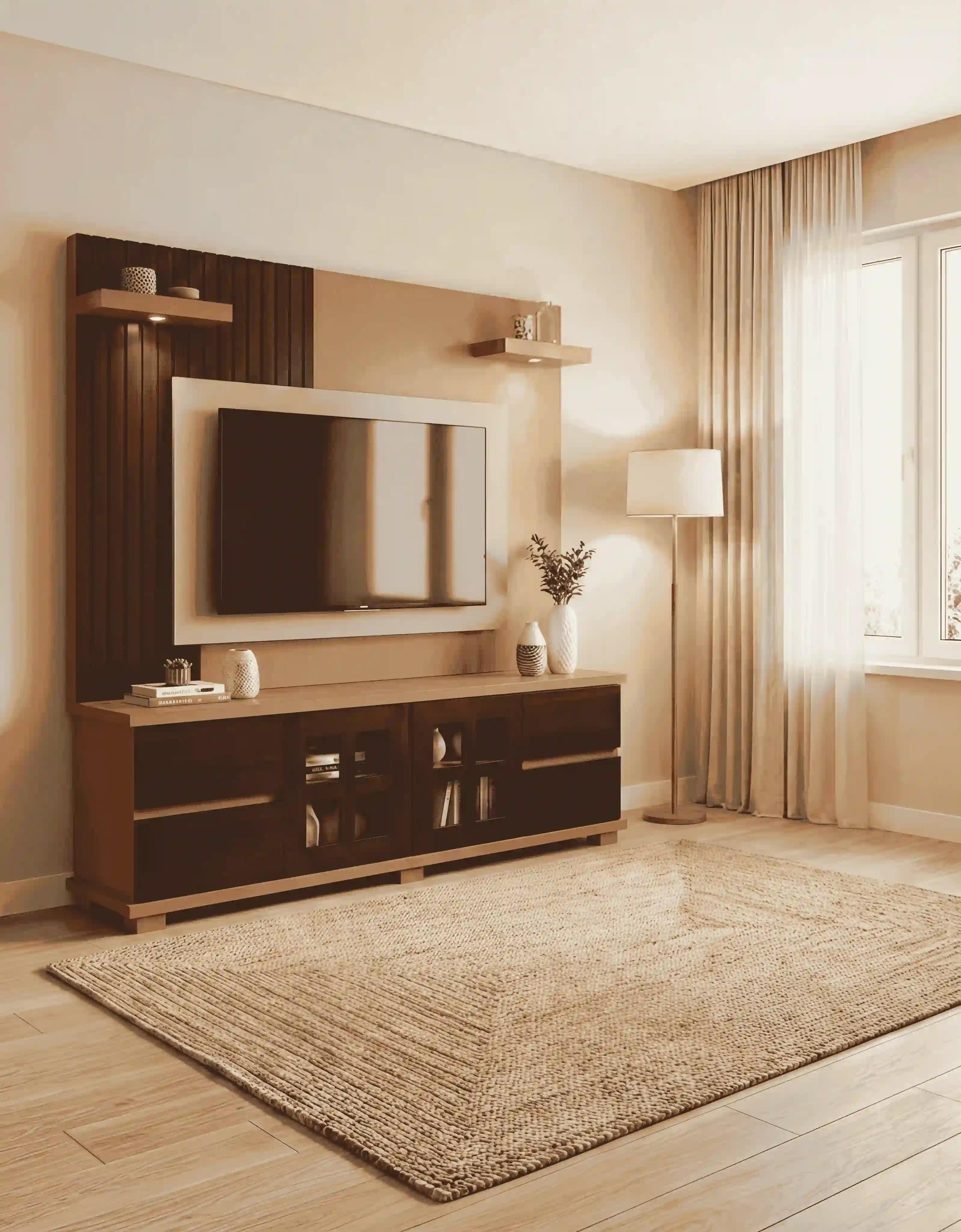 Architectural Fluted TV Wall Paneling with Illuminated Floating Shelves