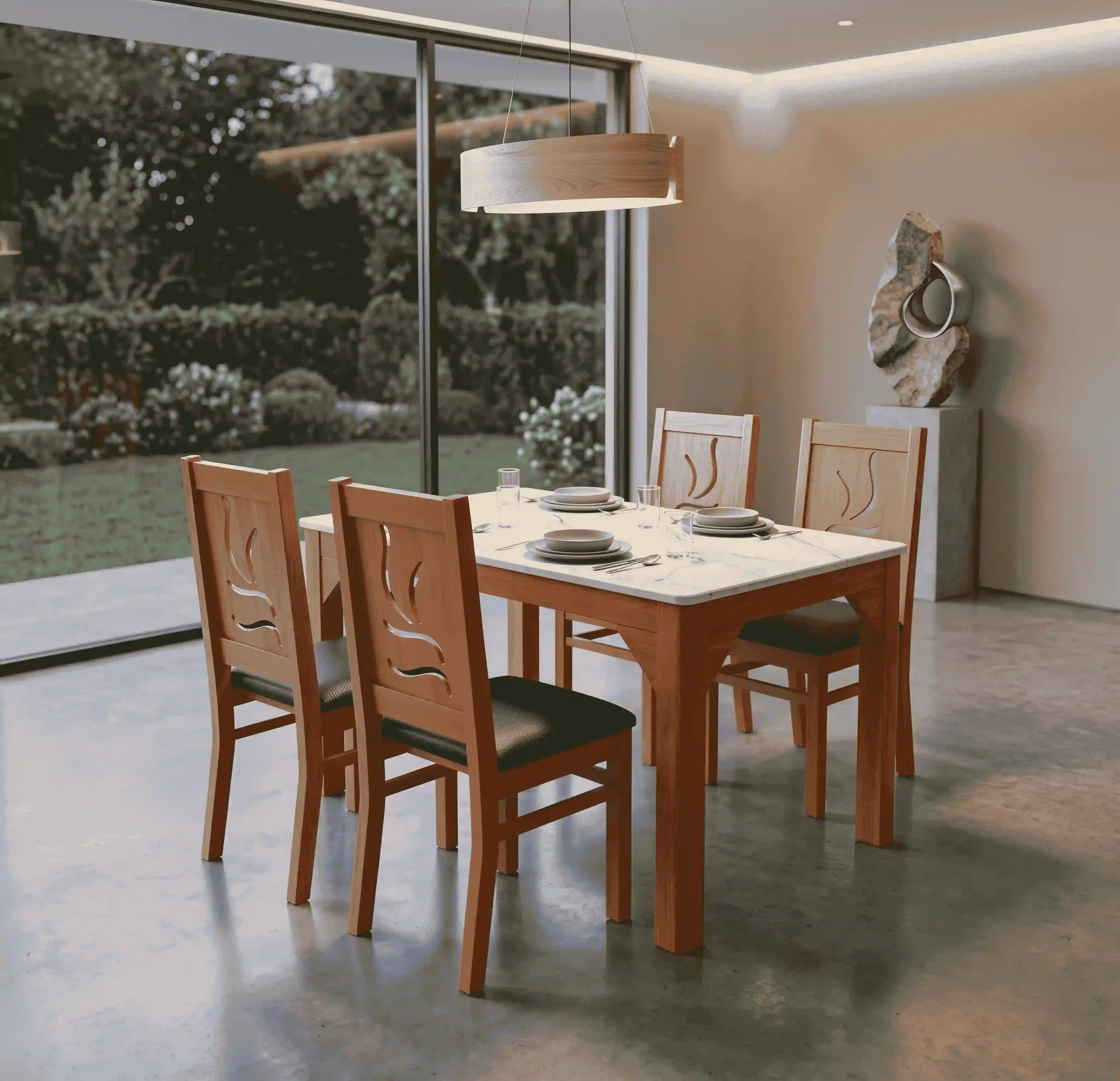 Italian Marble-Top 4-Seater Teak Dining Suite with Leaf-Cut Chairs
