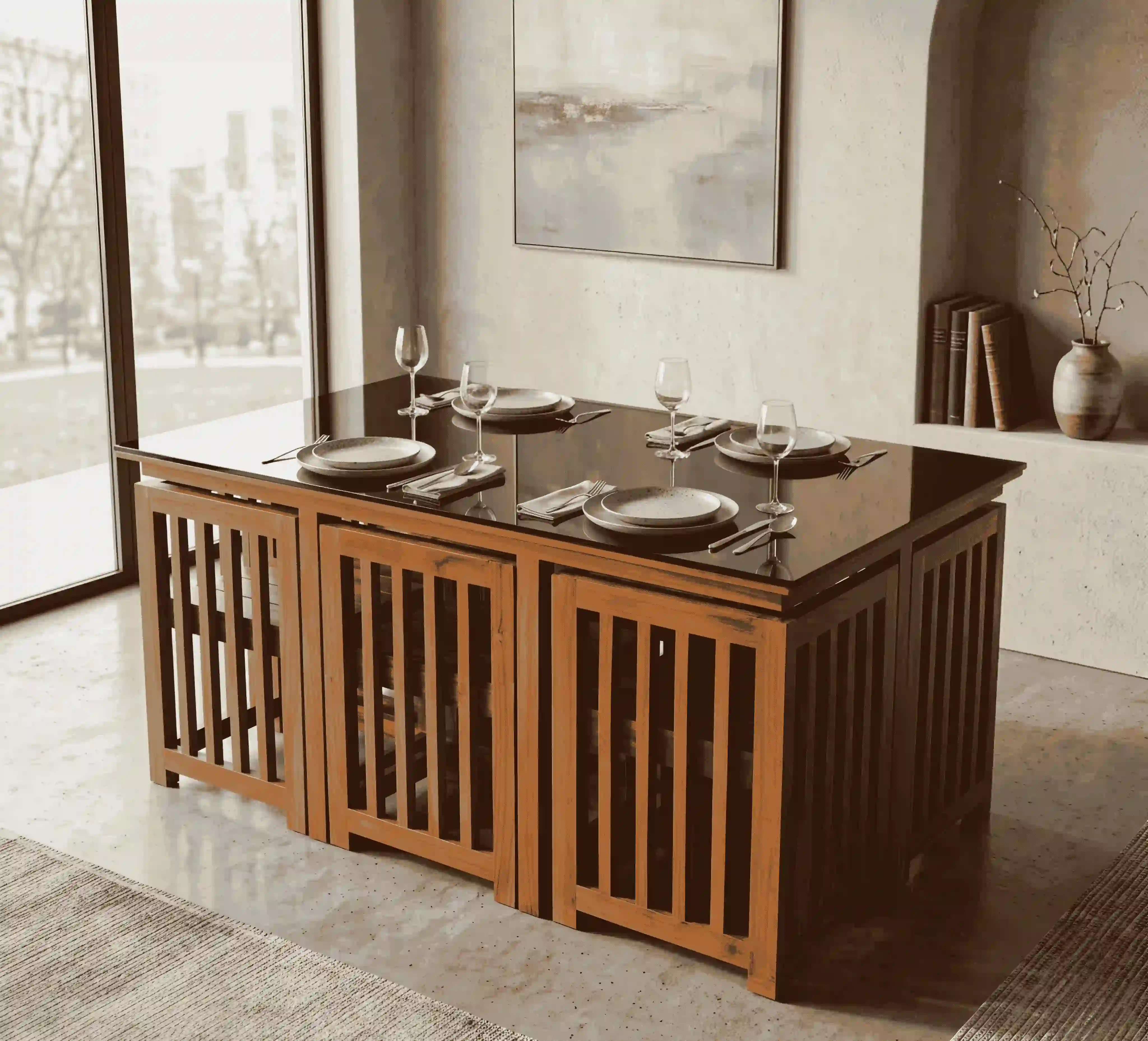 Space-Saving 6-Seater Compact Nesting Teak Dining Set
