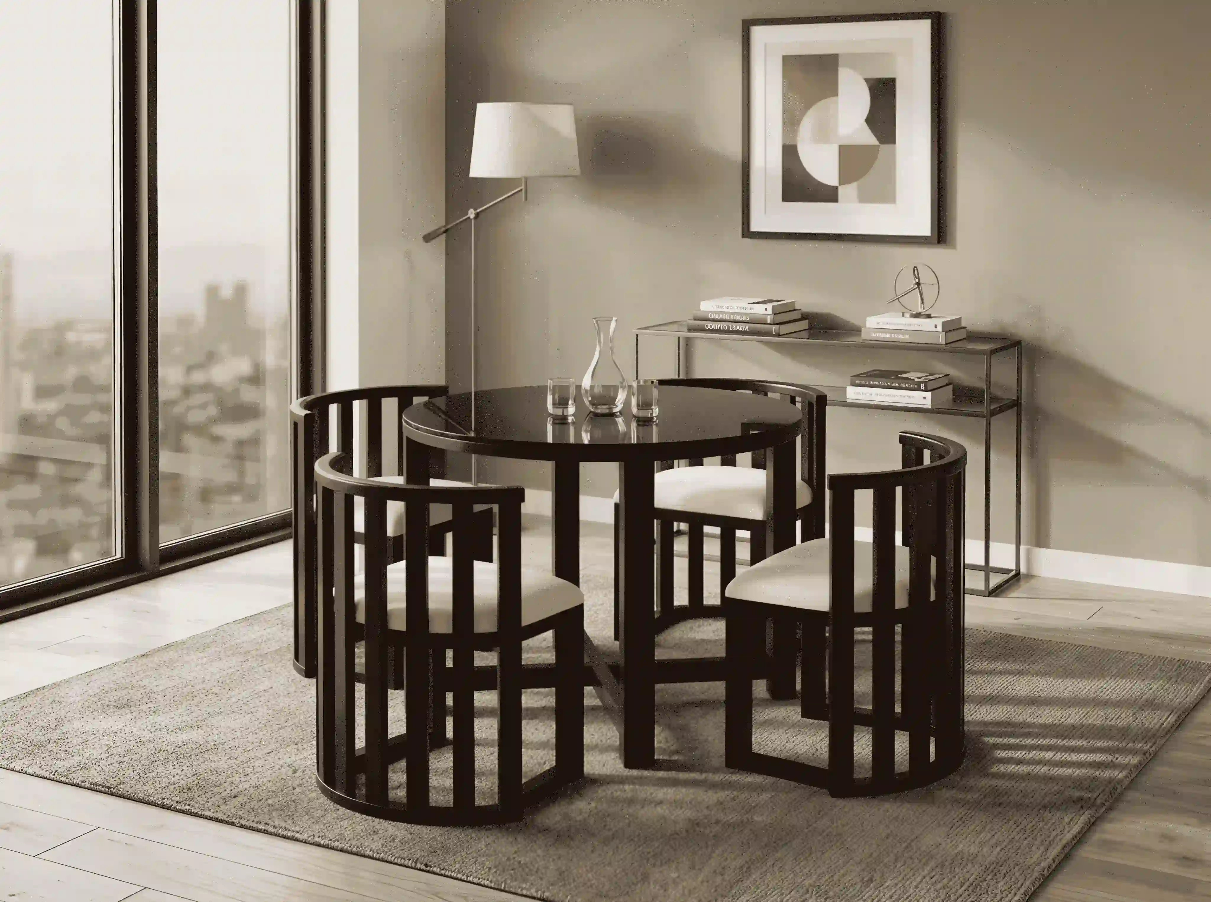 Modern Circular Smoked-Glass 4-Seater Dining Set with Barrel Chairs