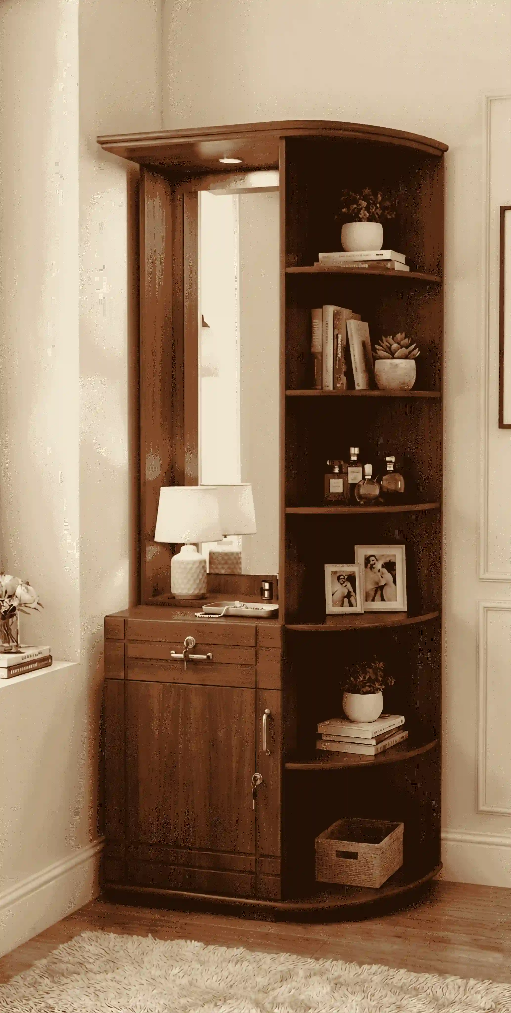 Tall Radial Corner Dressing Vanity with Illuminated Mirror & Open Shelves