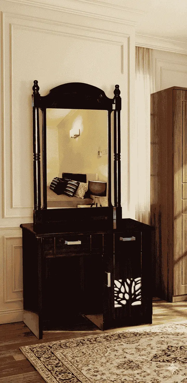 Traditional Arched Vanity Dresser with Backlit Floral Jali Cabinet