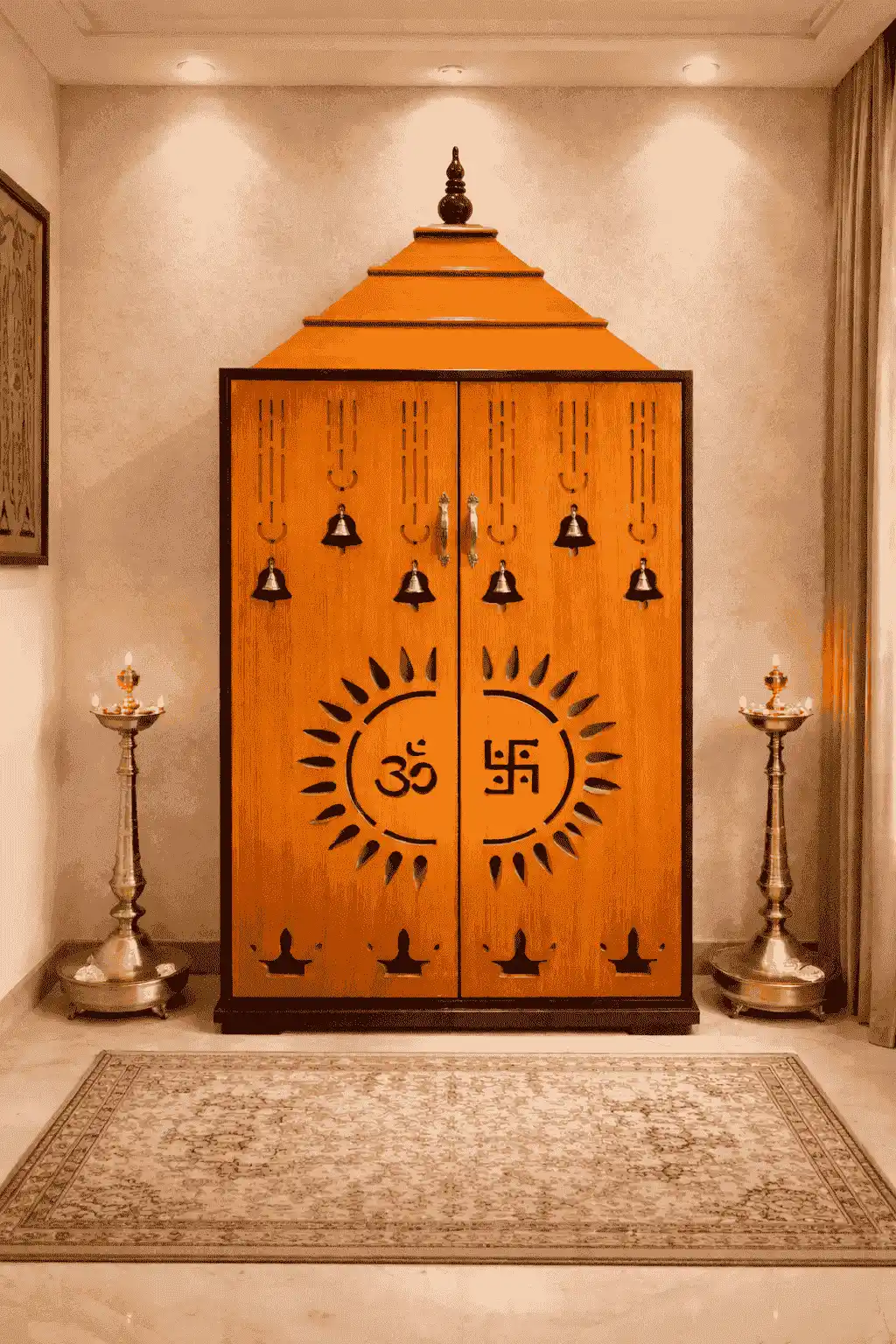 Traditional Solid Teak Pooja Mandir with Om-Swastik Motif & Brass Bells