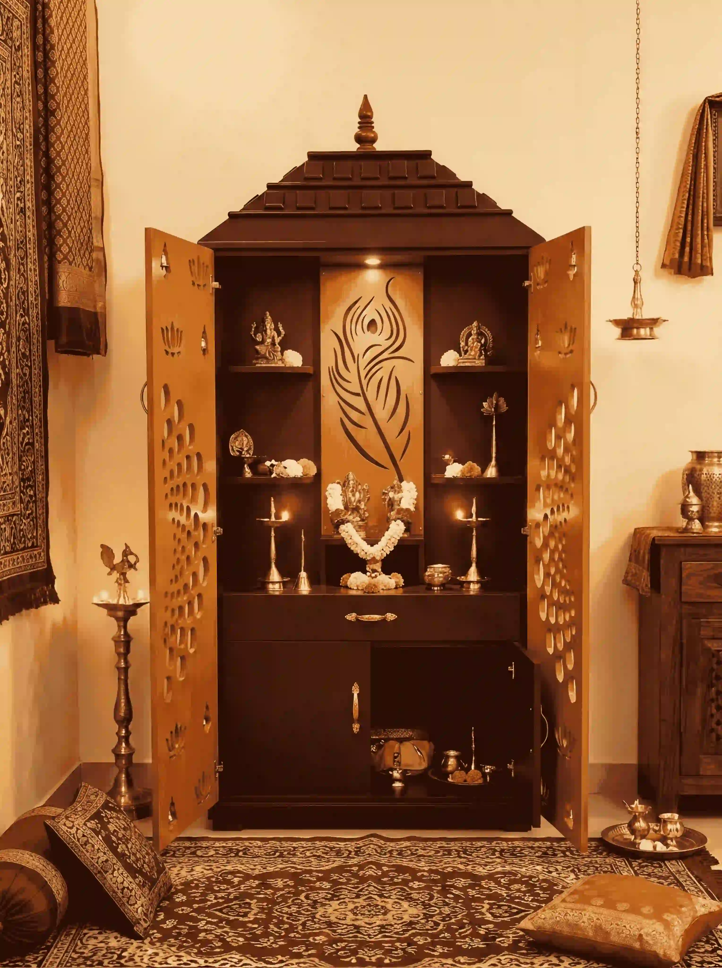 Luxury Walnut & Honey Teak Pooja Mandir with Backlit Peacock Feather