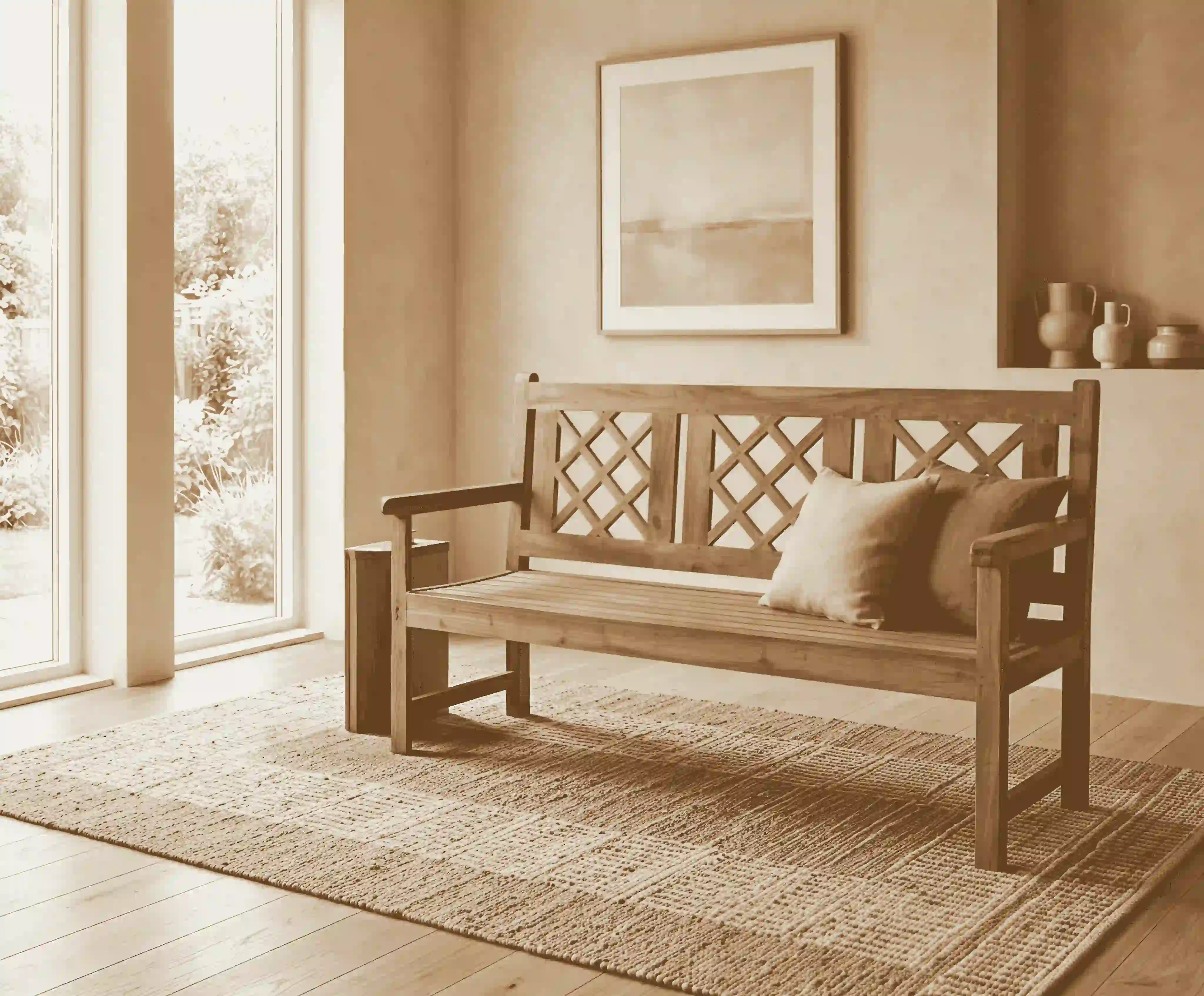 Outdoor & Indoor Solid Teak Garden Bench with Diamond Lattice Back