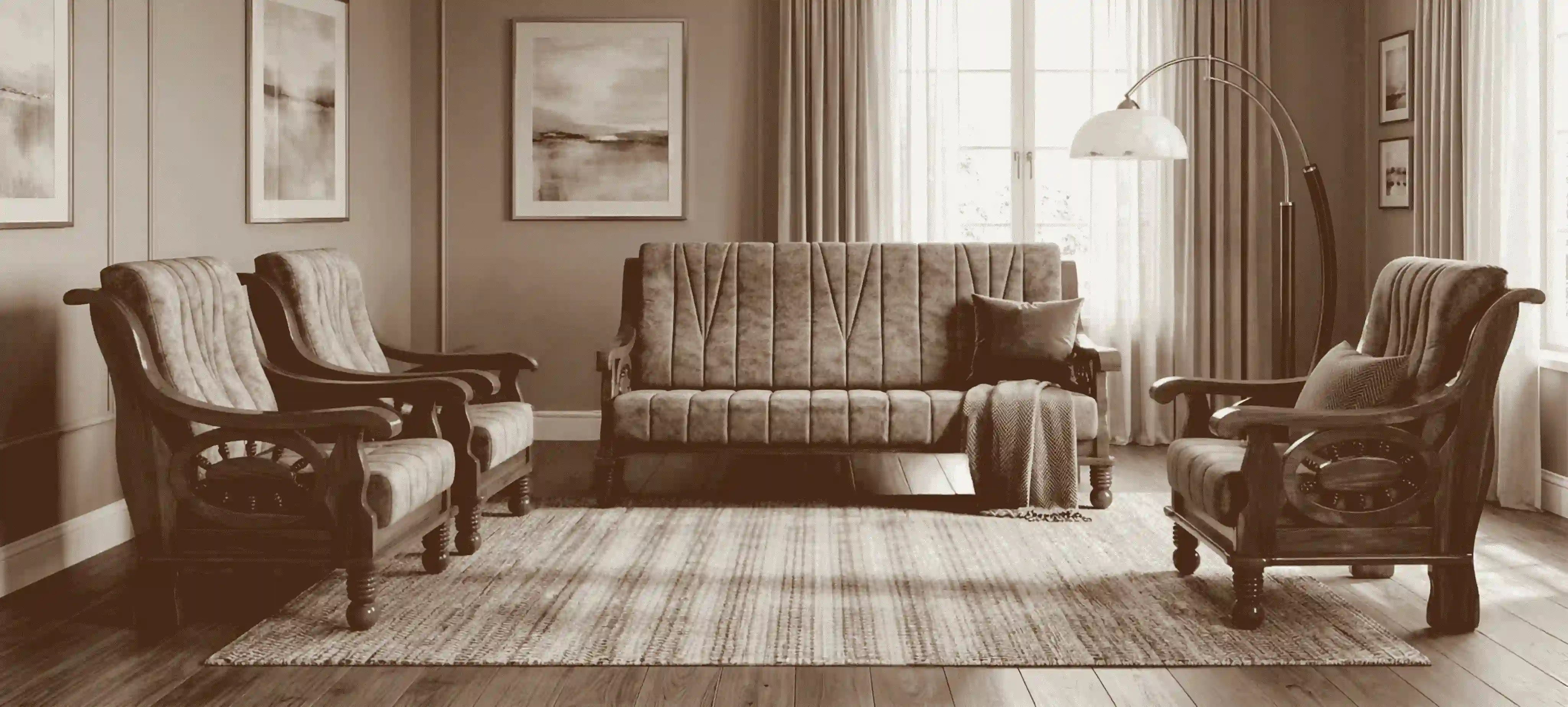 Colonial Heritage 3+1+1 Solid Wood Sofa Set with Wagon Wheel Arms